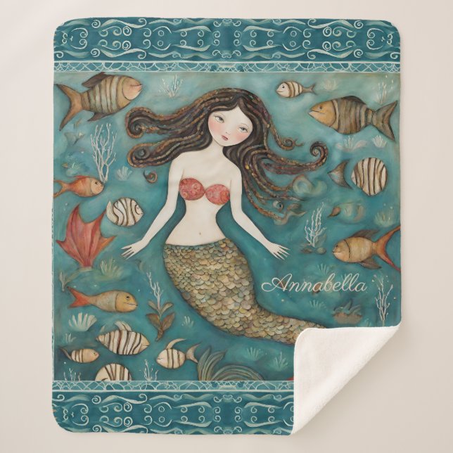 Mermaid Watercolor Personalised Sherpa Blanket (Front)