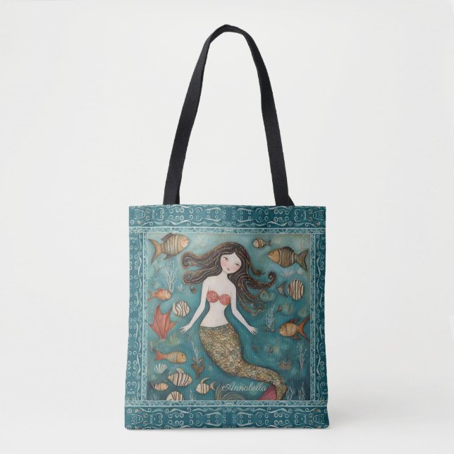 Mermaid Watercolor Personalised Tote Bag (Front)