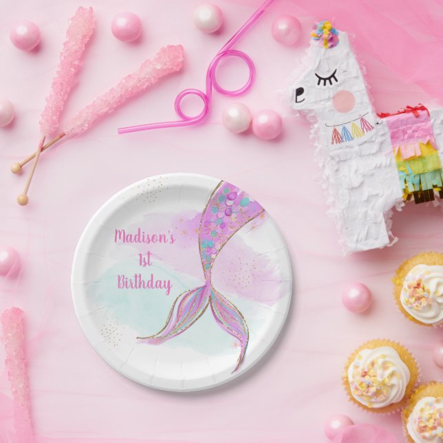 Mermaid Watercolor Pink Purple Birthday Paper Plate (Party)