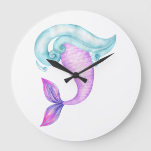 Mermaid watercolor pink purple blue birthday large clock