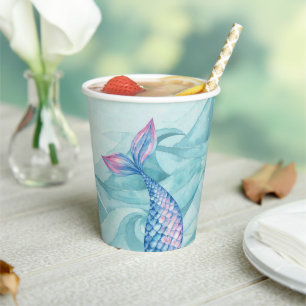 Mermaid watercolor pink purple blue birthday party paper cups