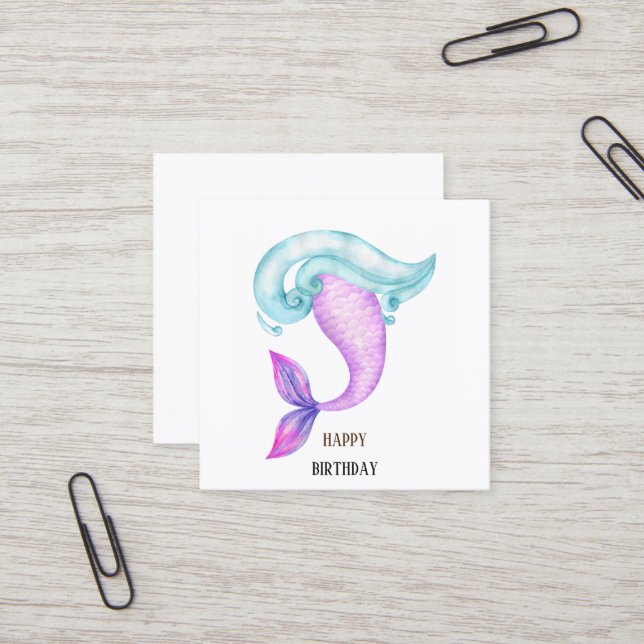 Mermaid watercolor pink purple blue birthday square business card (Front/Back In Situ)