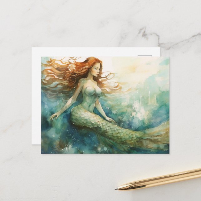 Mermaid Watercolor Postcard (Front/Back In Situ)