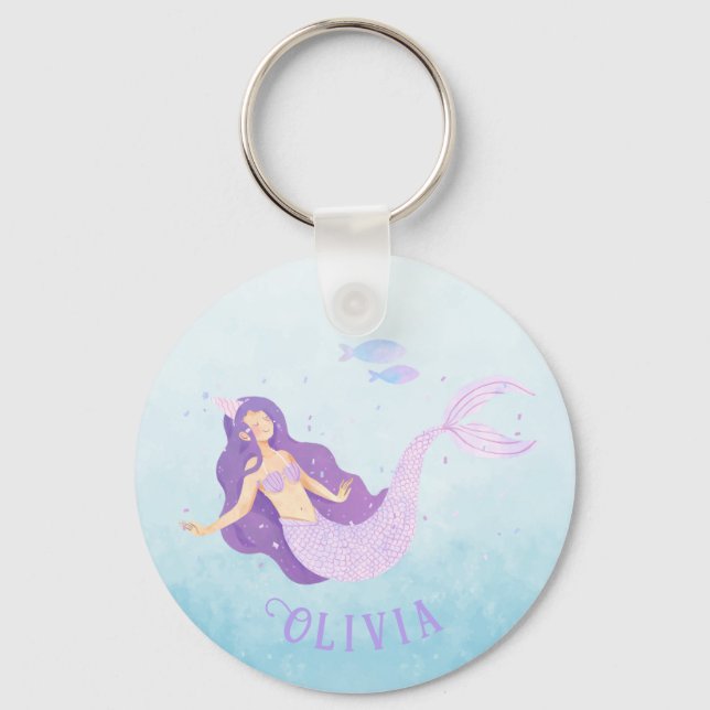 Mermaid Watercolor Purple Cute Girl Birthday  Key Ring (Back)