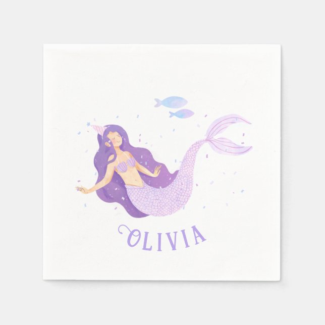 Mermaid Watercolor Purple Cute Girl Birthday  Napkin (Front)