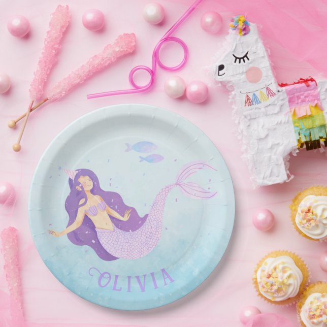 Mermaid Watercolor Purple Cute Girl Birthday  Paper Plate (Party)