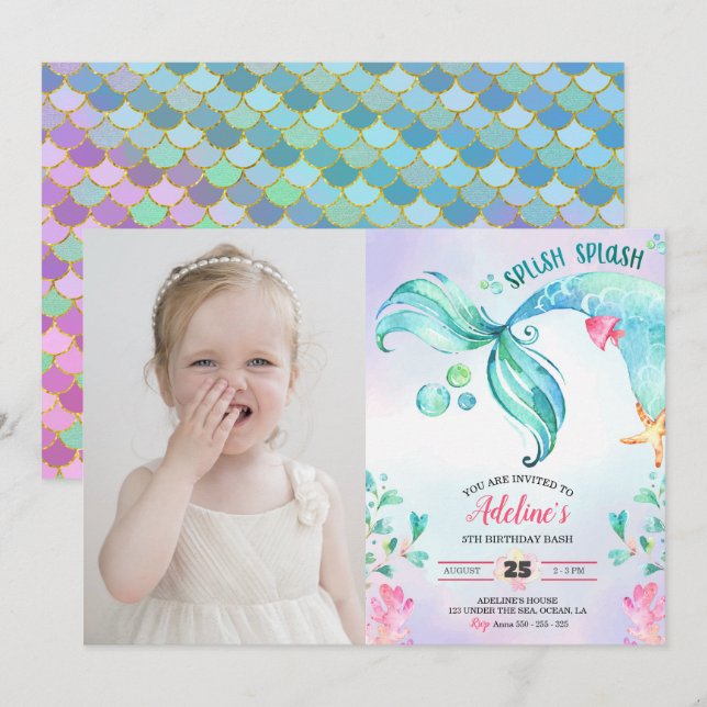 Mermaid Watercolor Splish Splash Birthday Photo Invitation (Front/Back)