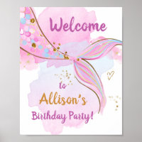 Mermaid Watercolor Tail Pink Girl Birthday Welcome