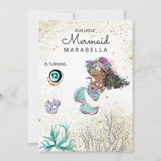 *~* Mermaid Whale Black Hair Birthday Invitation (Front)
