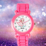 Mermaid whale pink girl name underwater watch<br><div class="desc">Introduce your little one to the joy of telling time with our adorable personalised girls' watch. Featuring a delightful design of a sweet mermaid girl swimming with a friendly whale on a crisp white background, this watch is as enchanting as it is practical. Charming Design: A cute mermaid girl swimming...</div>