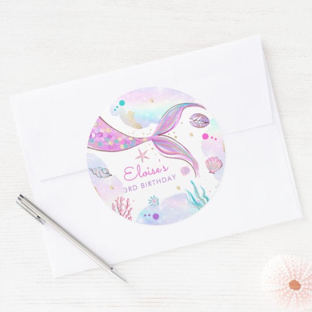Mermaid Whimsical Under The Sea Birthday Party Classic Round Sticker (Envelope)