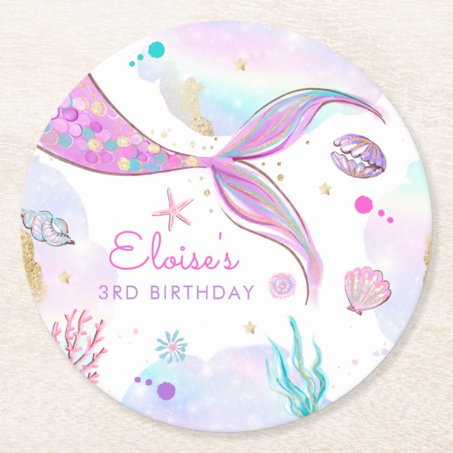 Mermaid Whimsical Under The Sea Birthday Party Round Paper Coaster (Front)