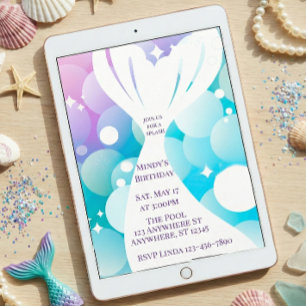 Mermaid White Out and Bubbles Birthday Invitation