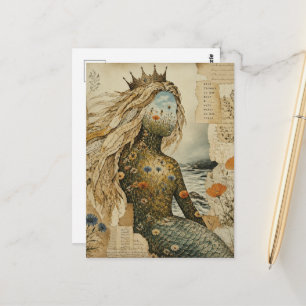 Mermaid Wildflower Mixed Media Collage Postcard