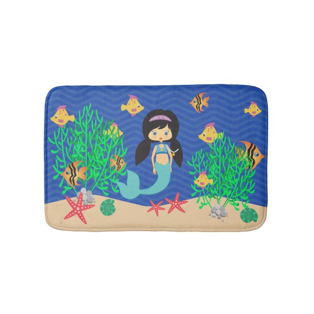Mermaid With Black Hair Under The Sea Bath Mat (Front)