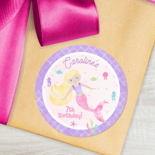 Mermaid with Blonde Hair & Sea Creatures Birthday Classic Round Sticker