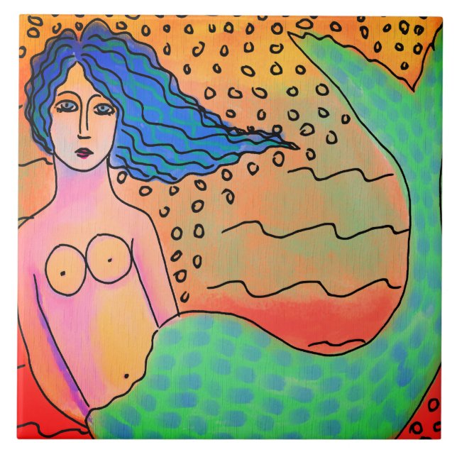Mermaid with Blue Hair Abstract Painting Tile (Front)