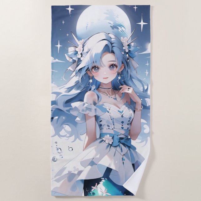 Mermaid with Blue Hair in a Blue Dress Beach Towel (Front)