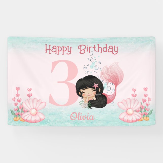 Mermaid with Dark Hair Pink Birthday Girl Banner (Horizontal)