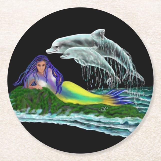 Mermaid with Dolphins Round Paper Coaster (Front)