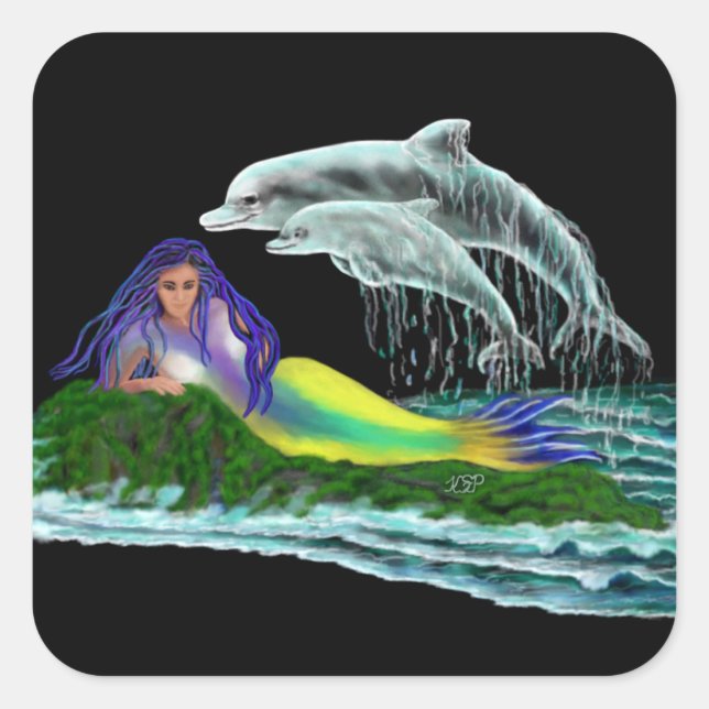 Mermaid with Dolphins Square Sticker (Front)
