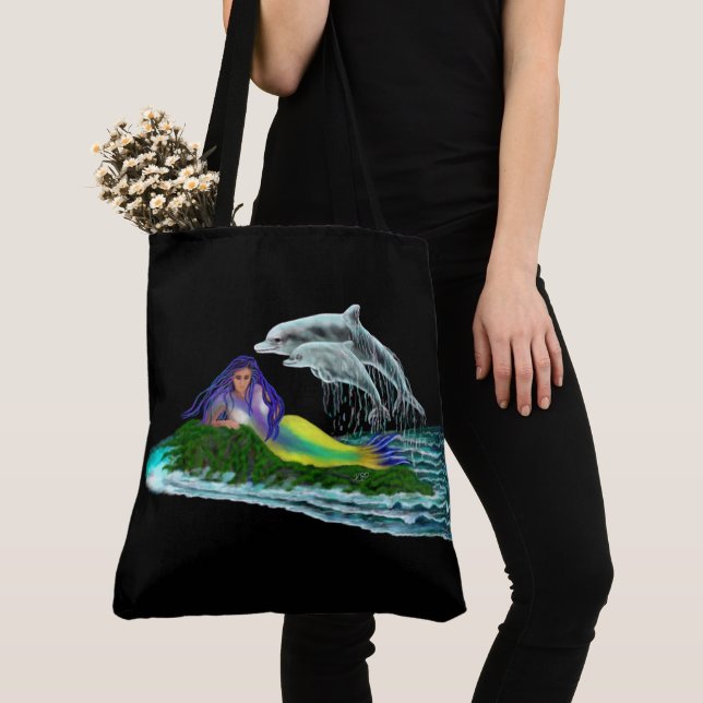 Mermaid with Dolphins Tote Bag (Close Up)