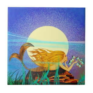 Mermaid with Fish and Moon Tile