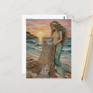 Mermaid With Fishing Net Collage Postcard