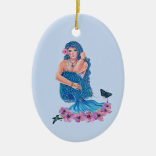 mermaid with flowers and hummingbird art by Renee  Ceramic Tree Decoration