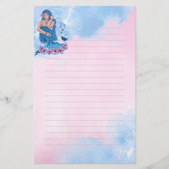 Mermaid with flowers art by Renee Lavoie Stationery (Front)