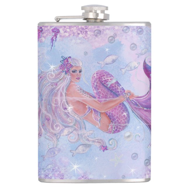 Mermaid with flowers by Renee Lavoie Hip Flask (Front)