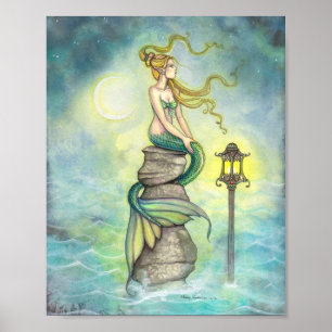 Mermaid with Moon and Lantern Fantasy Art Poster