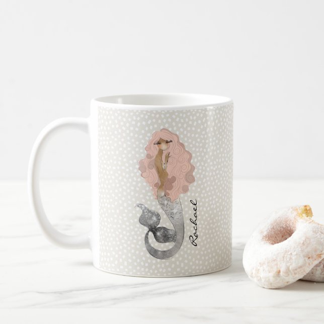 Mermaid with Pink Hair and Your Name Coffee Mug (With Donut)