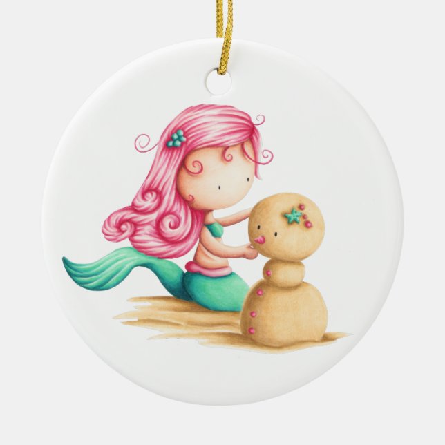 Mermaid with pink hair Christmas ornament. Ceramic Tree Decoration (Front)