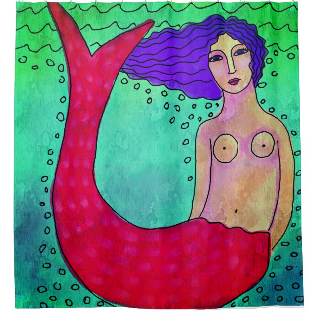 Mermaid with Purple Hair Abstract Art Shower Curtain (Front)