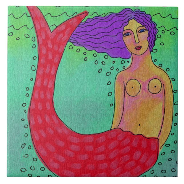 Mermaid with Purple Hair Abstract Digital Painting Tile (Front)