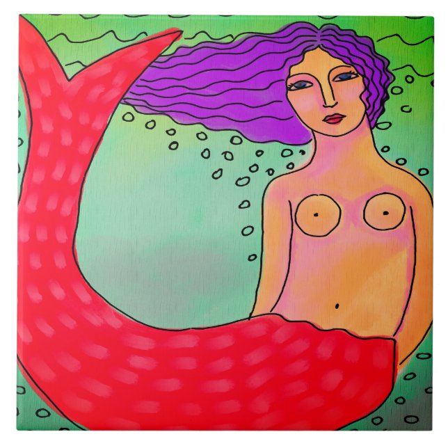 Mermaid with Purple Hair Abstract Painting Tile (Front)