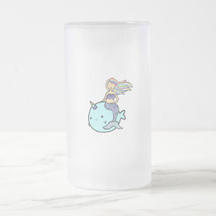 Mermaid with Rainbow Hair Riding Pet Narwal Frosted Glass Beer Mug