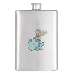 Mermaid with Rainbow Hair Riding Pet Narwal Hip Flask