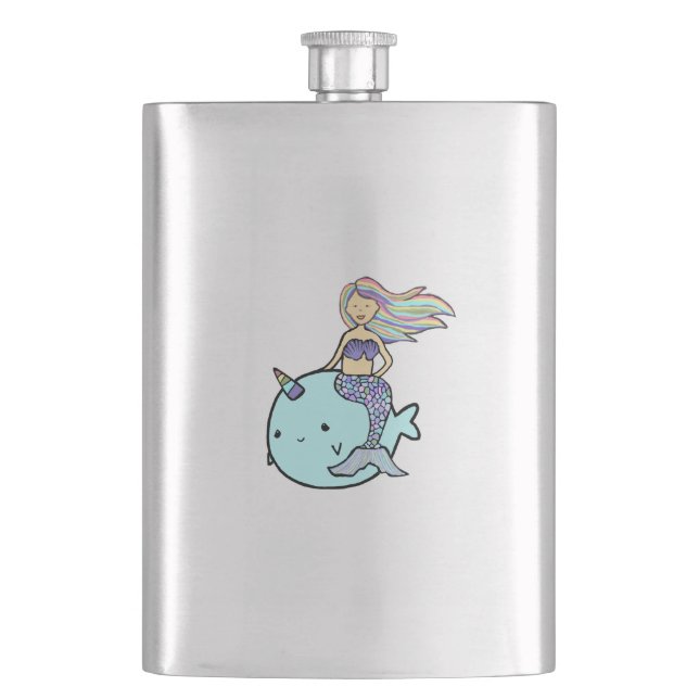 Mermaid with Rainbow Hair Riding Pet Narwal Hip Flask (Front)