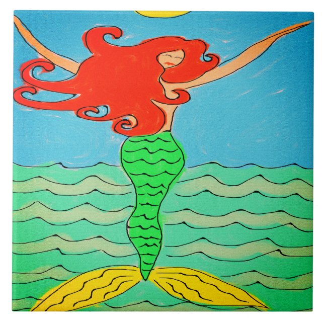 Mermaid with Red Hair Abstract Painting Tile (Front)