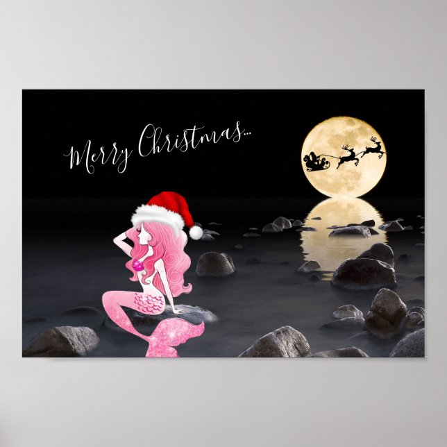 Mermaid with Santa and Sleigh Merry Christmas Poster (Front)