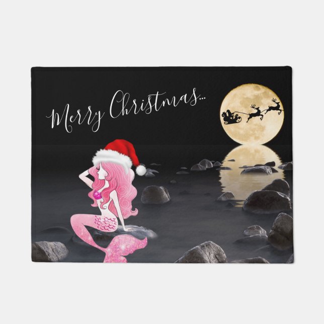 Mermaid with Santa Hat Full Moon Merry Christmas Doormat (Front)