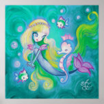 Mermaid With Sea Horse And Fish Poster<br><div class="desc">An original painting in acrylics entitled:: "The Mermaid's Sea Horse." A pretty mermaid floats in the aqua blue water, conversing with her pet and best friend, a beautiful pink and blue sea horse. She has pearls in her long blonde hair. Her fish tail is navy blue. She is accompanied by...</div>