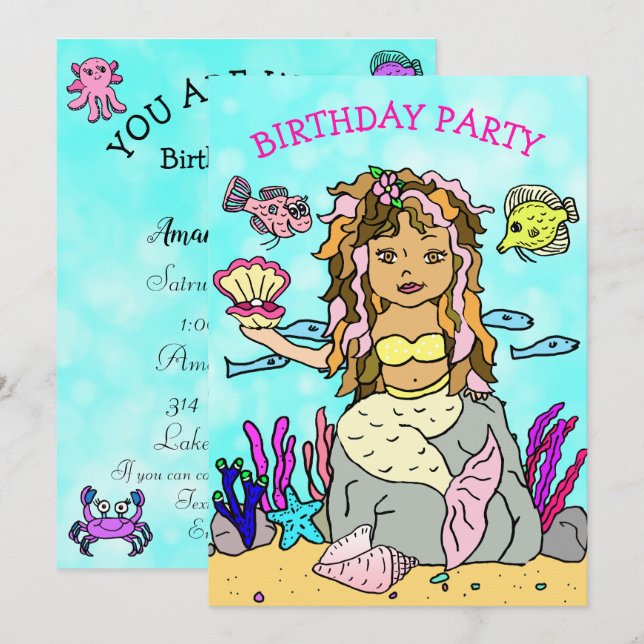 Mermaid with Shell Under the Sea Birthday Party Invitation (Front/Back)