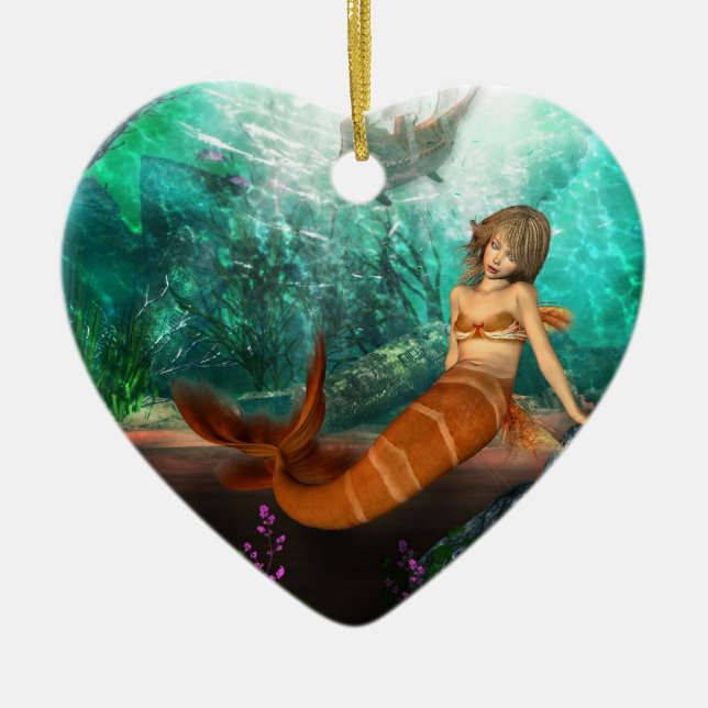 Mermaid with Shipwreck Ceramic Tree Decoration (Front)