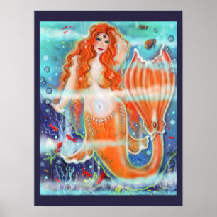 Mermaid with tropical fish art by Renee Lavoie Poster
