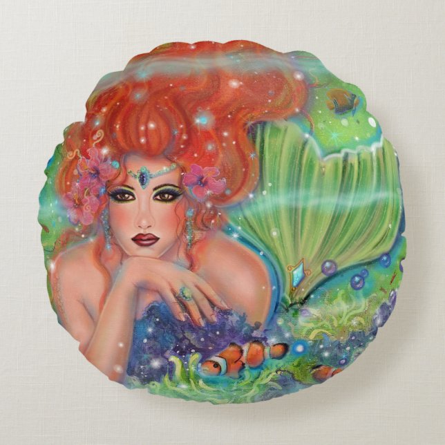 Mermaid with tropical fish art by Renee Lavoie  Th Round Cushion (Front)