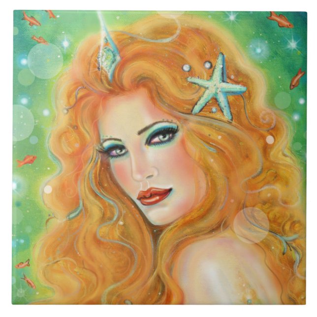 Mermaid with tropical fish art by Renee Lavoie   Tile (Front)