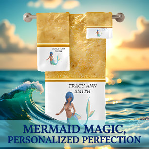 Mermaid with turquoise hair and tail bath towel set